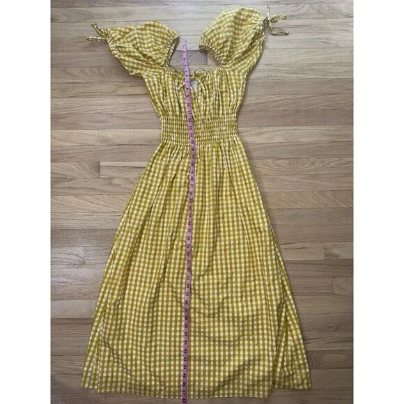 Faithfull Brand Flora Puff Sleeve Midi Yellow Mari Check Gingham Dress Women 6 - Picture 10 of 10